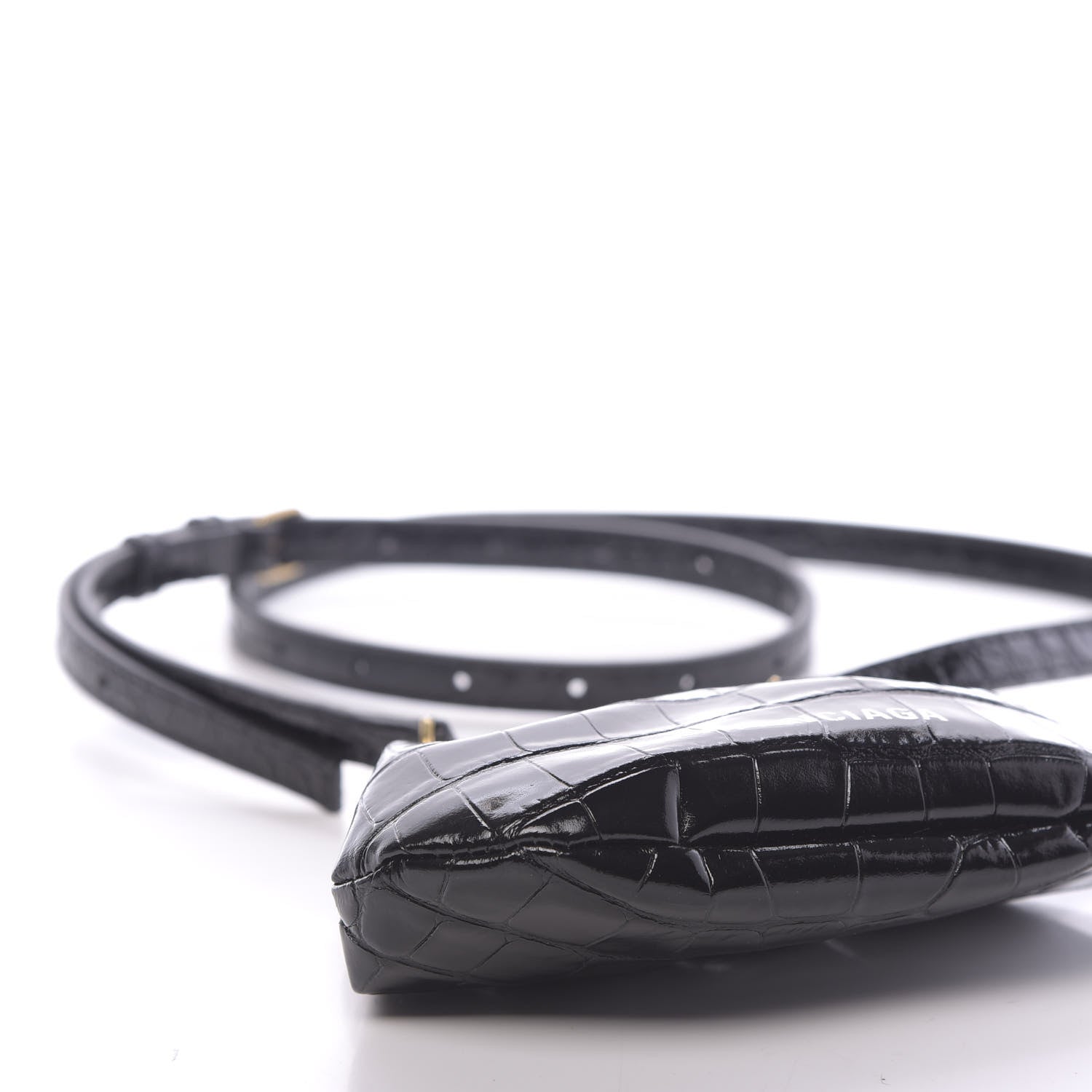 Balenciaga Shiny Supple Calfskin Logo Crocodile Embossed Cloud Coin Purse With Strap Black White 8 of 11