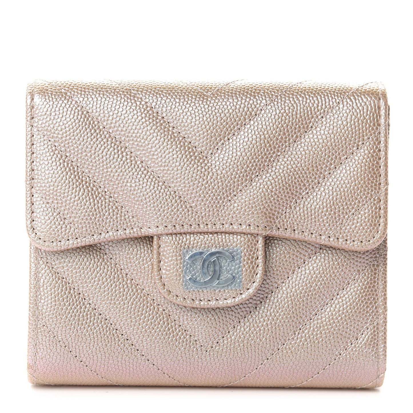 Metallic Caviar Chevron Quilted Compact Flap Wallet Light Gold