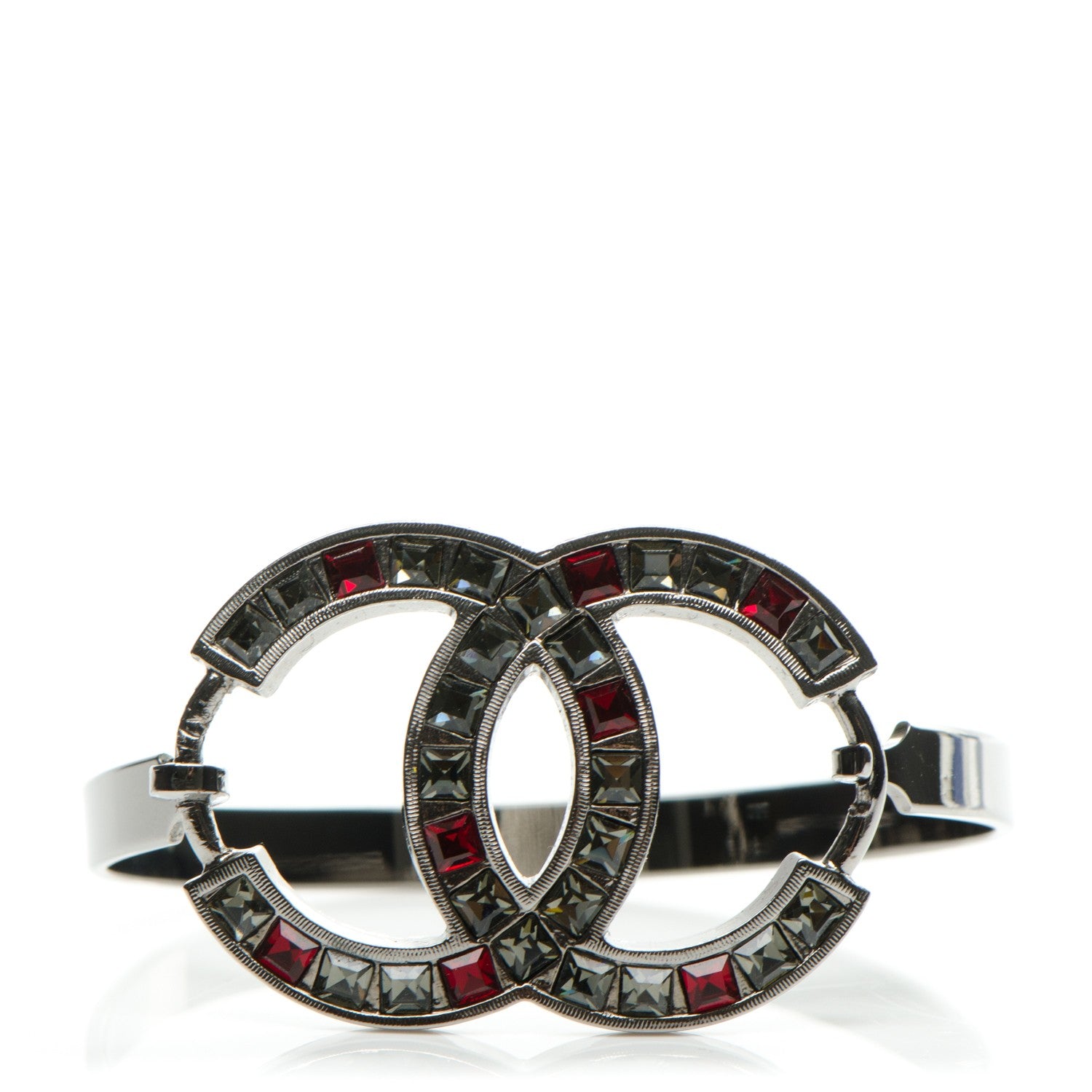 Chanel Ruthenium Crystal Baguette CC Bracelet Silver Red 1 of 5