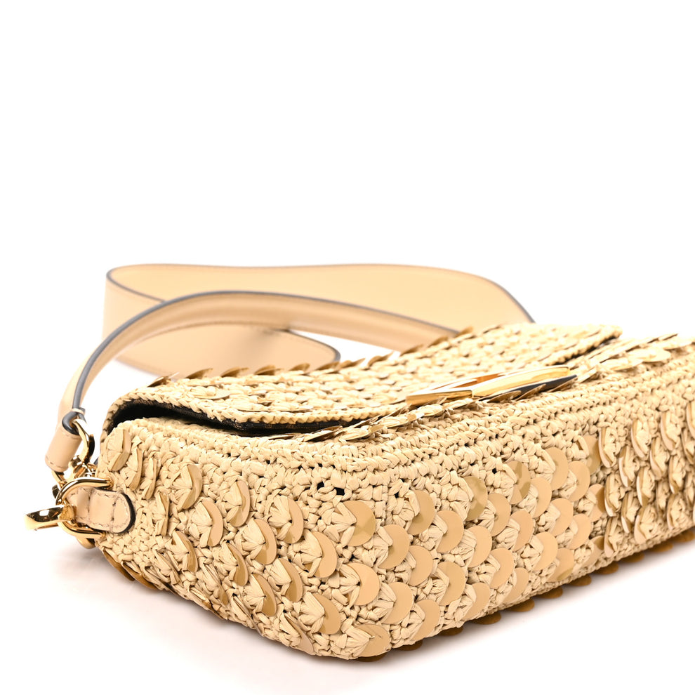 Fendi Sequin Macrame Baguette Beige Gold 1999651 – FASHIONPHILE