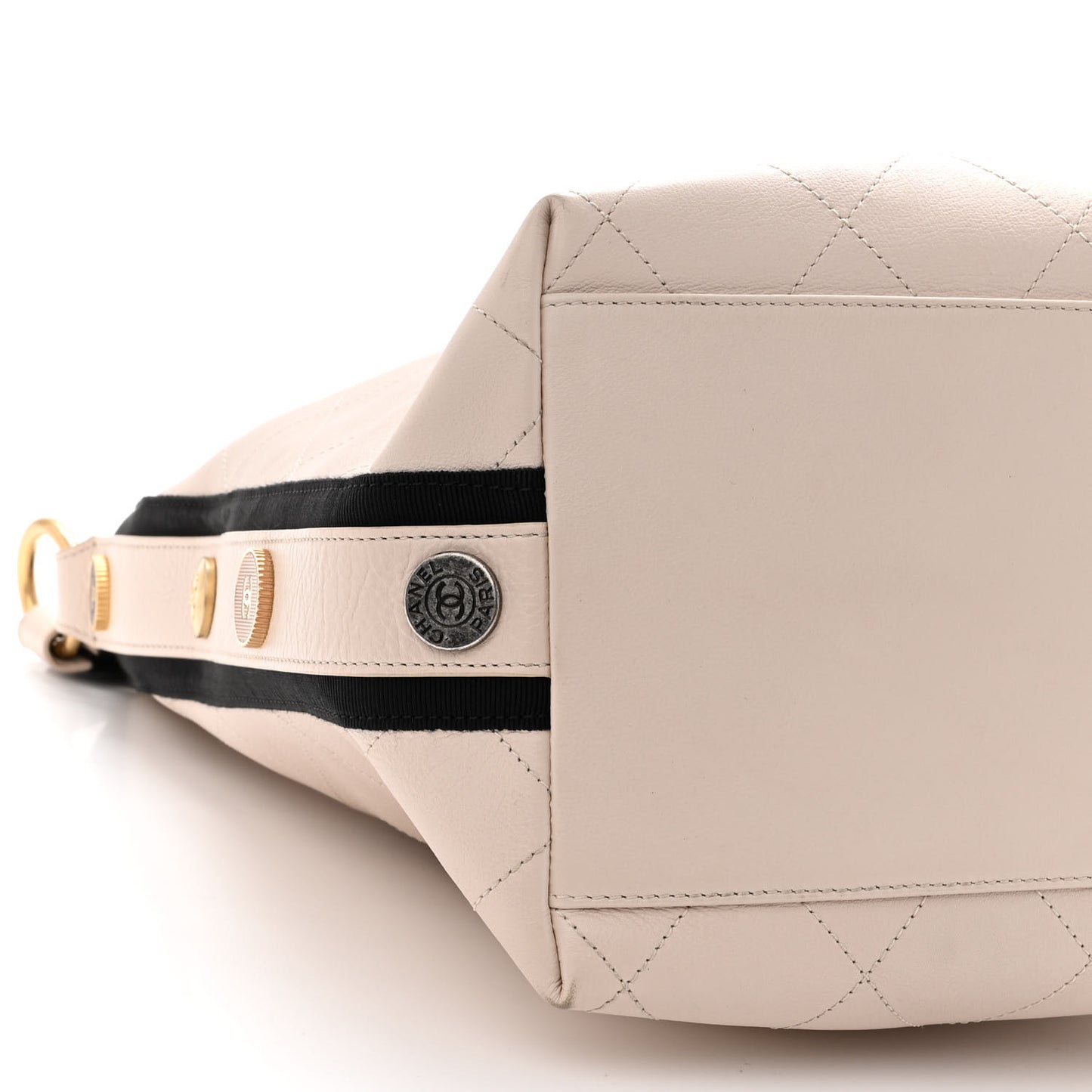 Calfskin Stitched Large Button Up Hobo Ivory Black