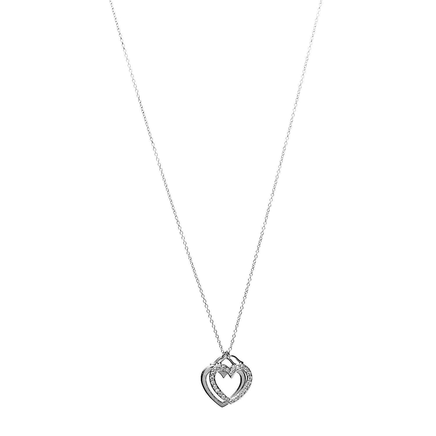 18K White Gold Diamond Double Heart Pendant Necklace