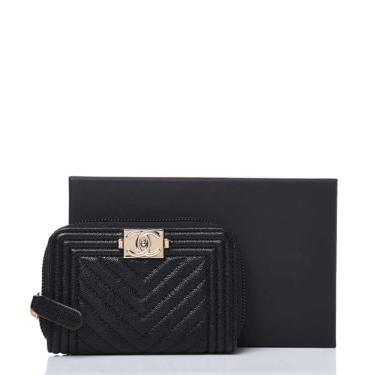 Caviar Chevron Quilted Boy Zip Around Coin Purse Wallet Black