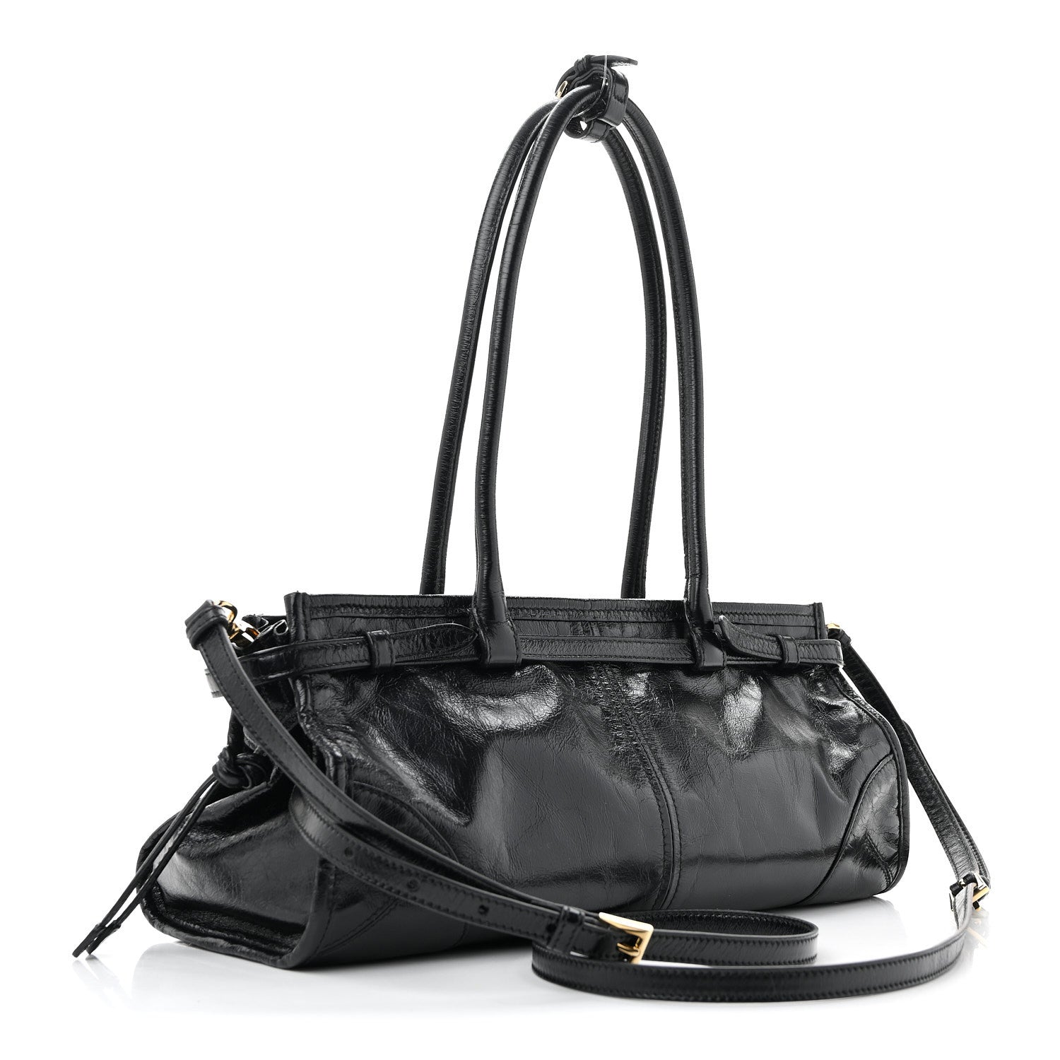 Prada Glossy Calfskin Triangle Medium Bonnie Shoulder Bag Black 3 of 11