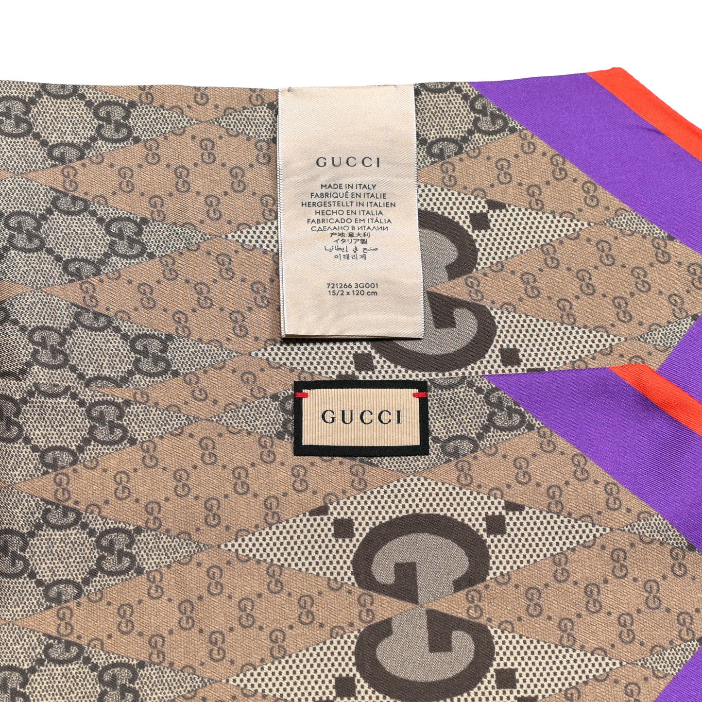 Silk Twill GG Monogram GG Rombybow Neck Bow Scarf Camel Dark Purple