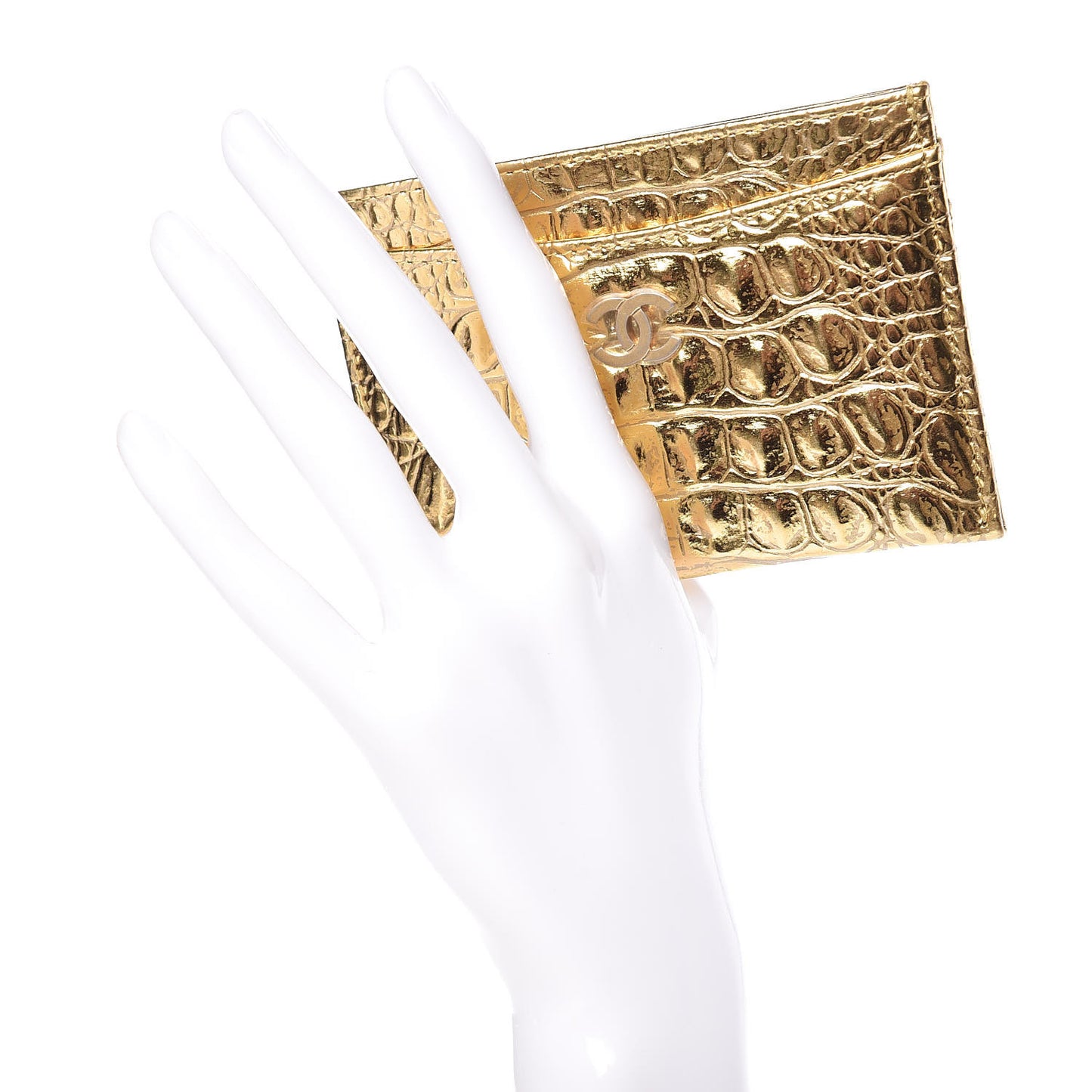 Metallic Calfskin Crocodile Embossed Cocodile Card Holder Gold