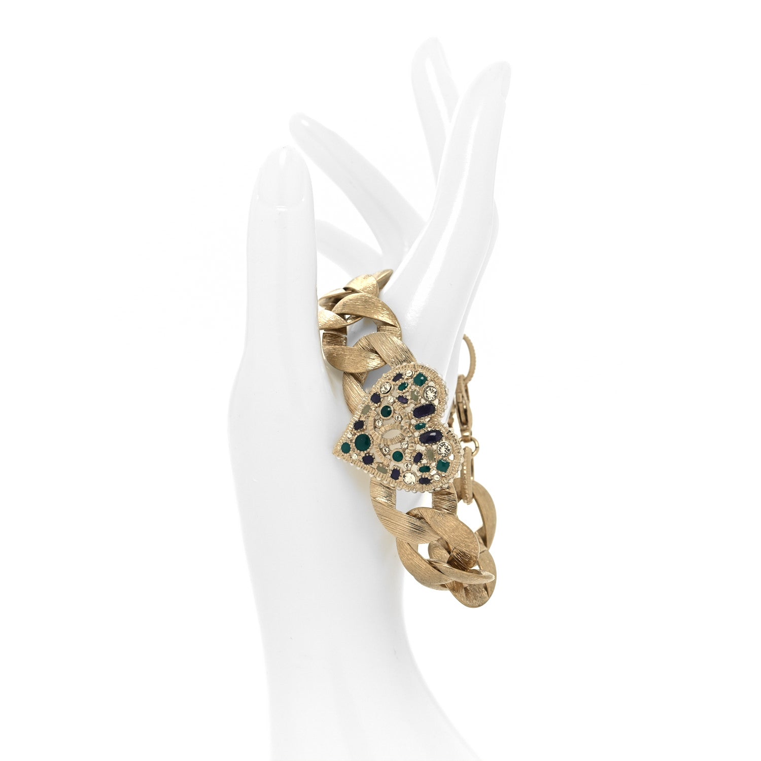 Chanel Crystal Poured Glass Textured Chain Heart CC Bracelet Light Gold Blue Green 2 of 6
