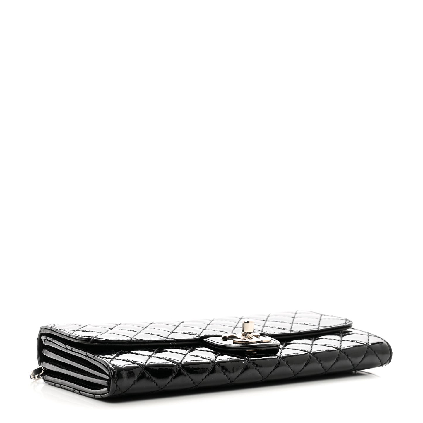 Patent Calfskin Quilted Flap Clutch With Chain Black