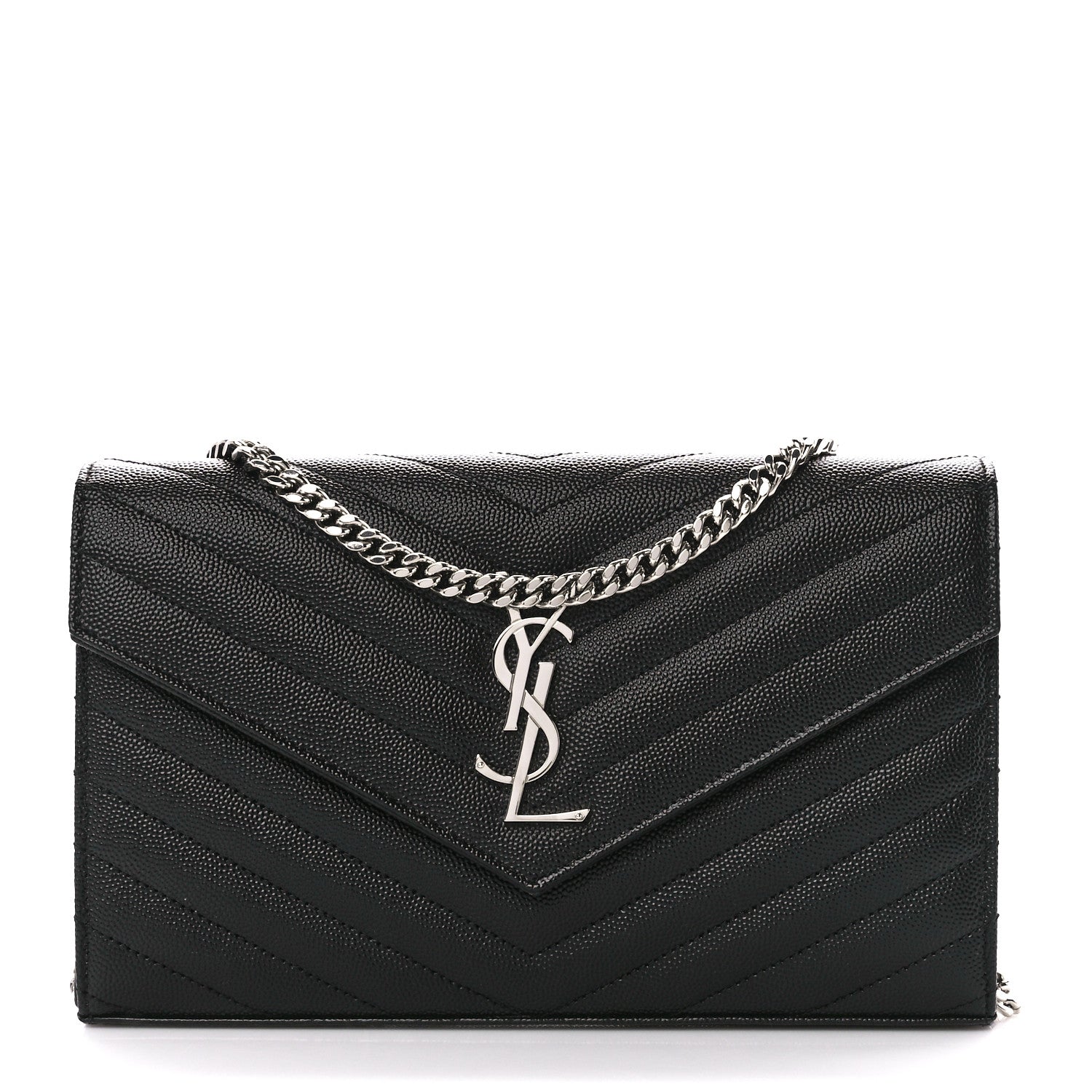 Saint Laurent Grain De Poudre Matelasse Chevron Monogram Chain Wallet Black 1 of 11