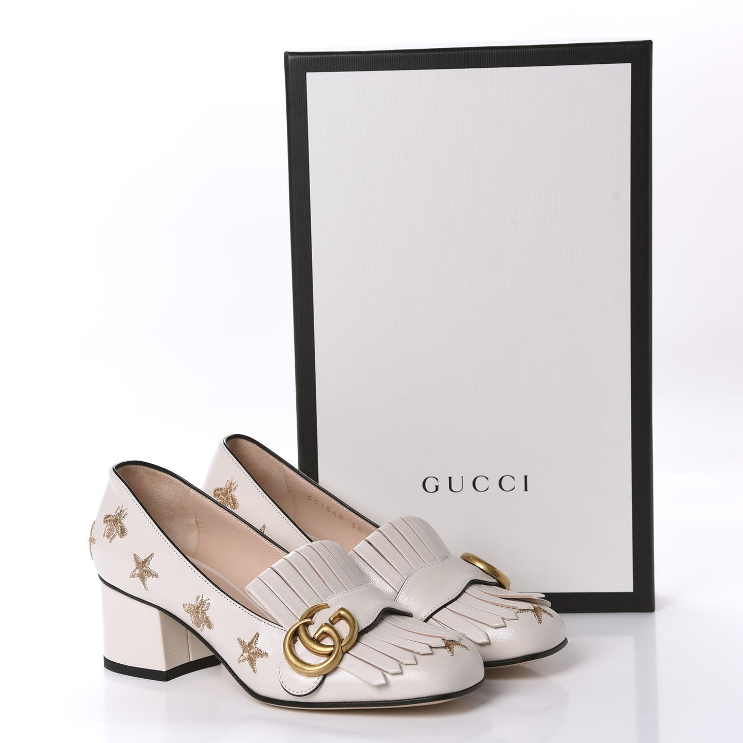 Quentin Goatskin Bee Star Embroidered GG Marmont Fringe 50mm Loafer Pumps 35 Mystic White