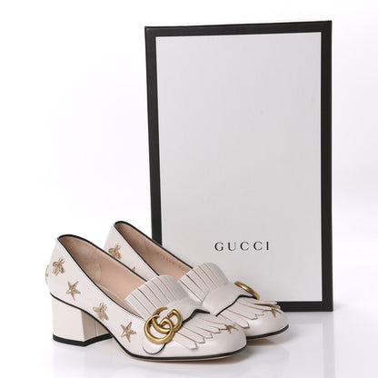 Gucci Quentin Goatskin Bee Star Embroidered GG Marmont Fringe 50mm Loafer Pumps 35 Mystic White 10 of 10