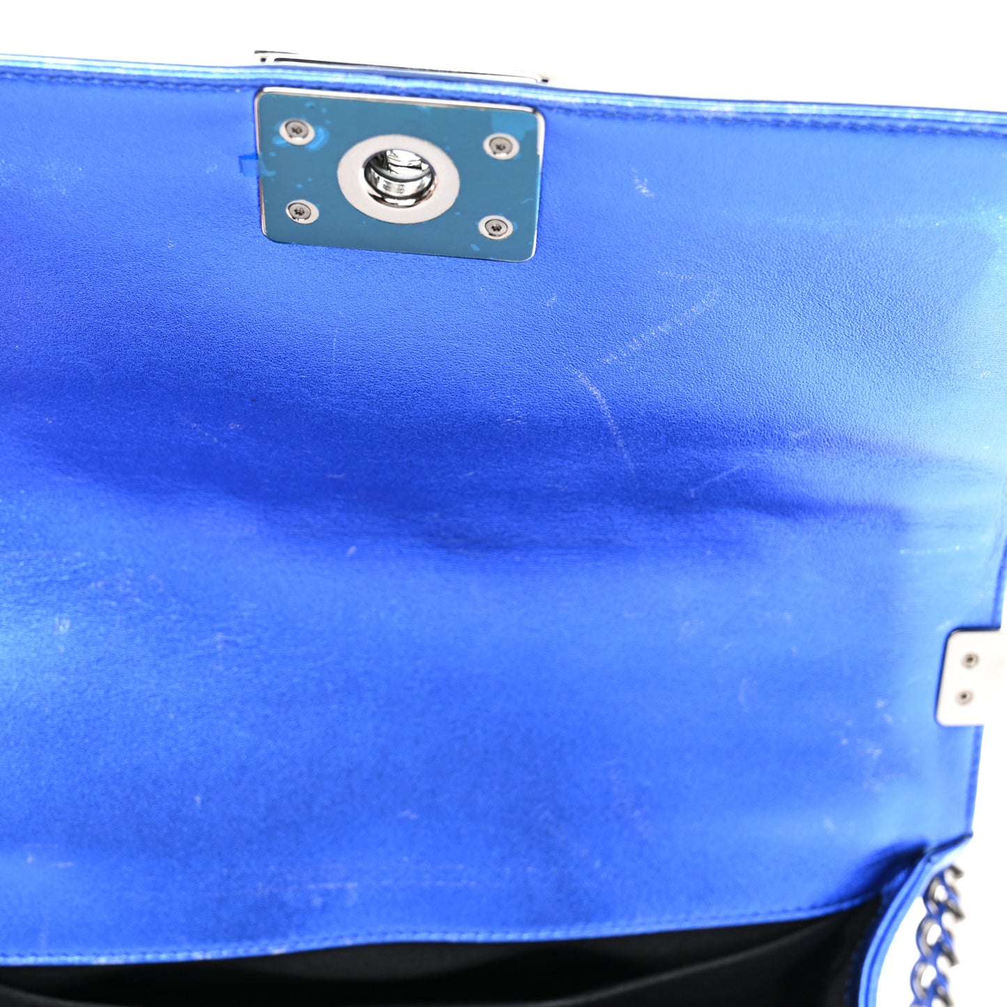 Metallic Patent Quilted Medium Boy Flap Blue