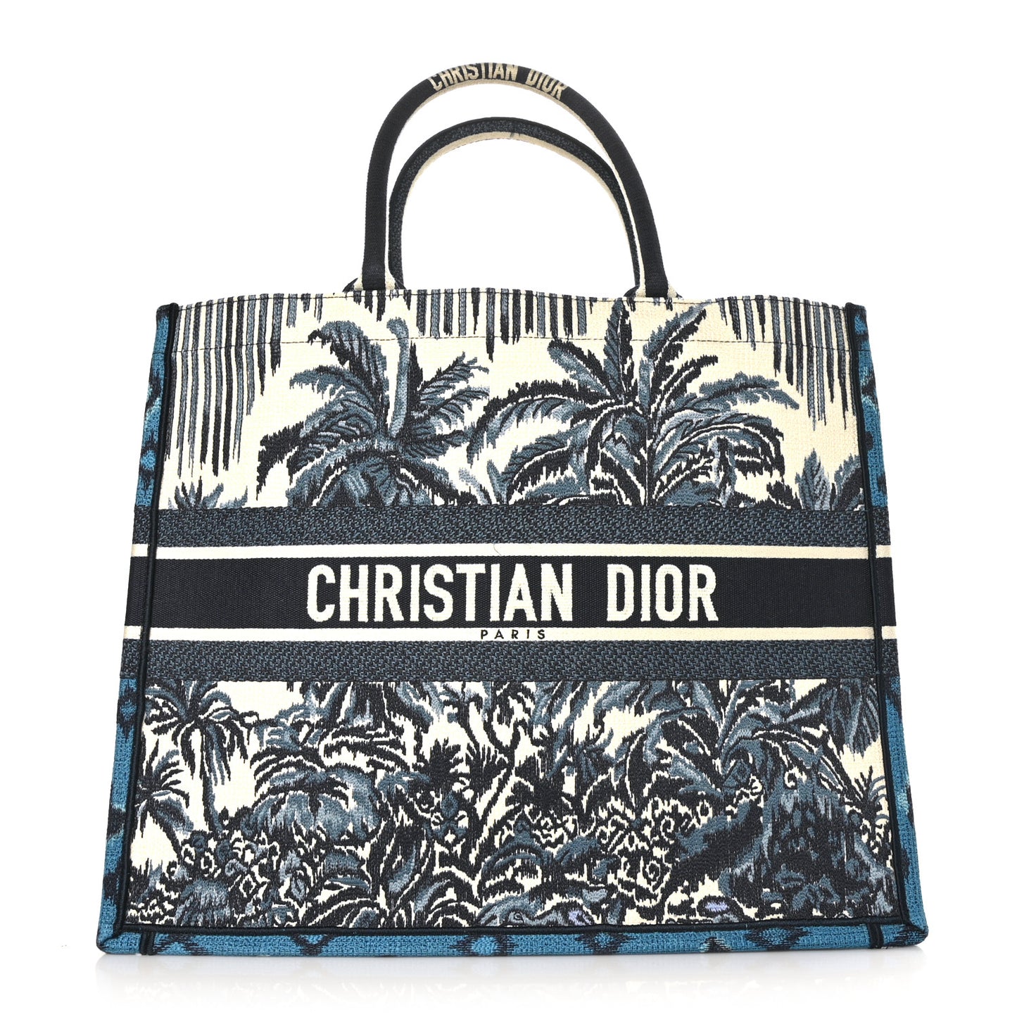 Canvas Embroidered Large Palm Tree Toile De Jouy Book Tote Blue Multicolor
