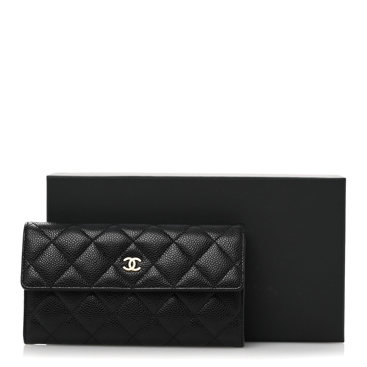 Caviar Quilted Large Gusset Flap Wallet Black