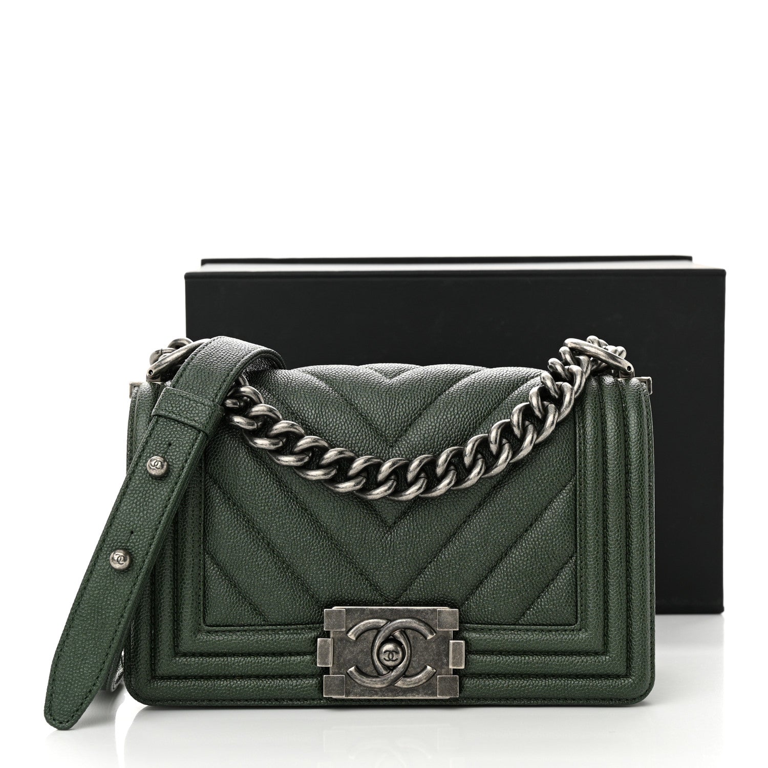 Chanel Caviar Chevron Quilted Small Boy Flap Green 11 of 11