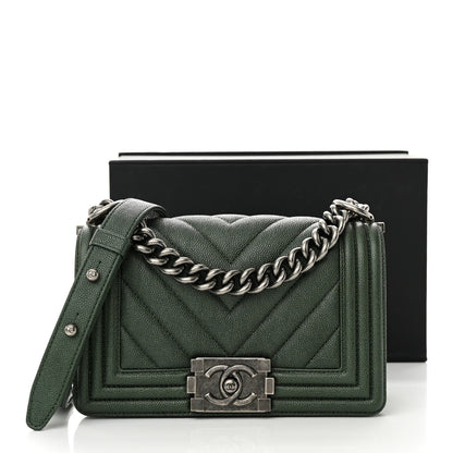 Chanel Caviar Chevron Quilted Small Boy Flap Green 11 of 11