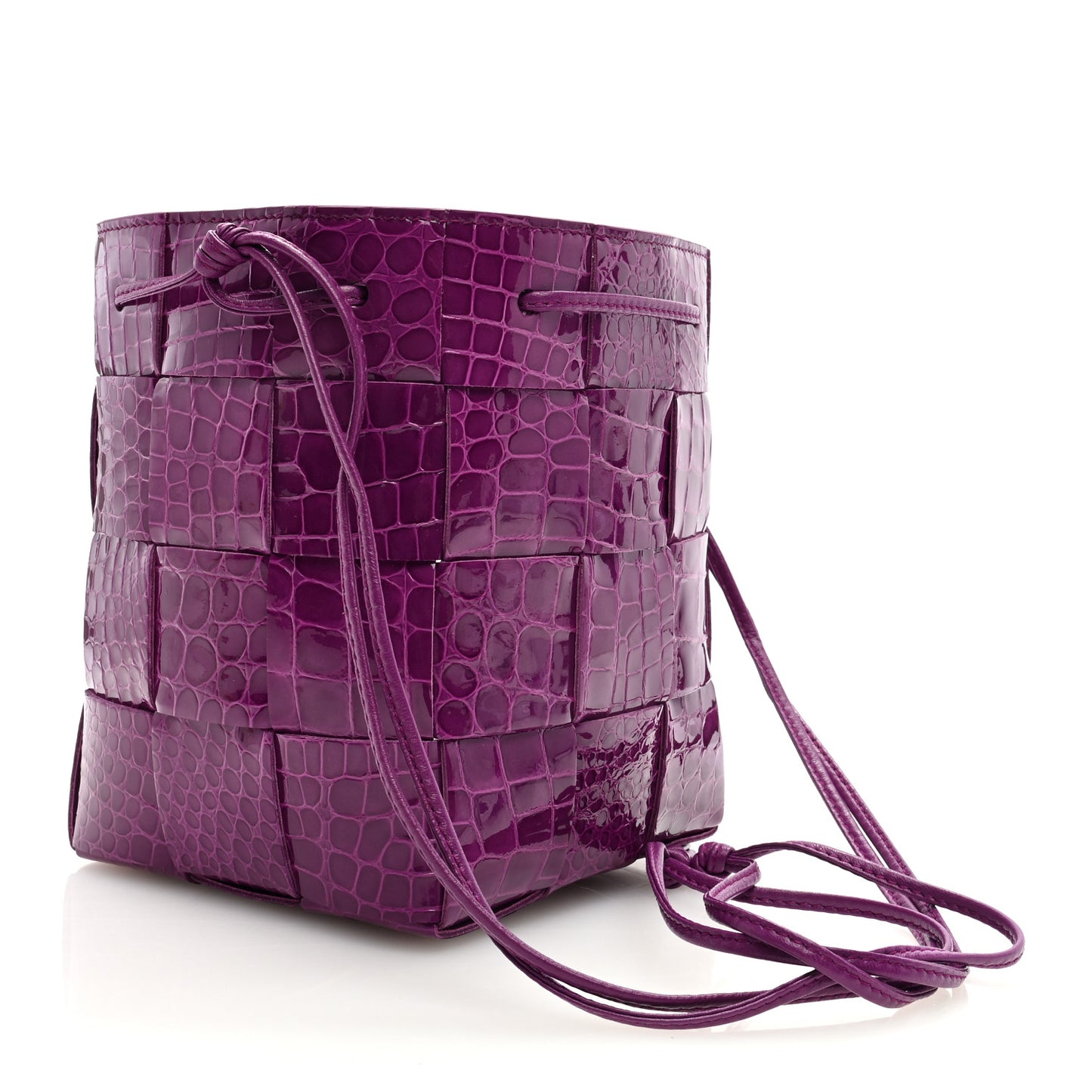 Gloss Calfskin Croc Embossed Intreccio Mini Cassette Crossbody Bucket Bag Venom