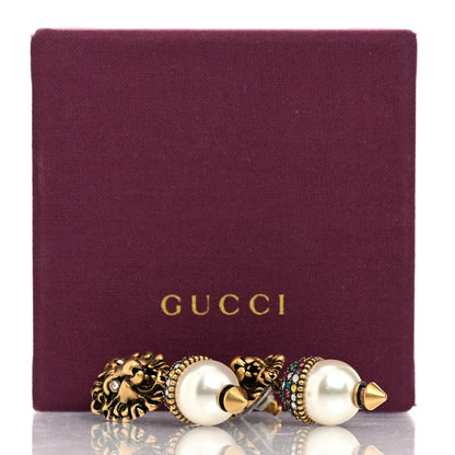 Gucci Metal Crystal Lion Earrings Aged Gold 5 of 5