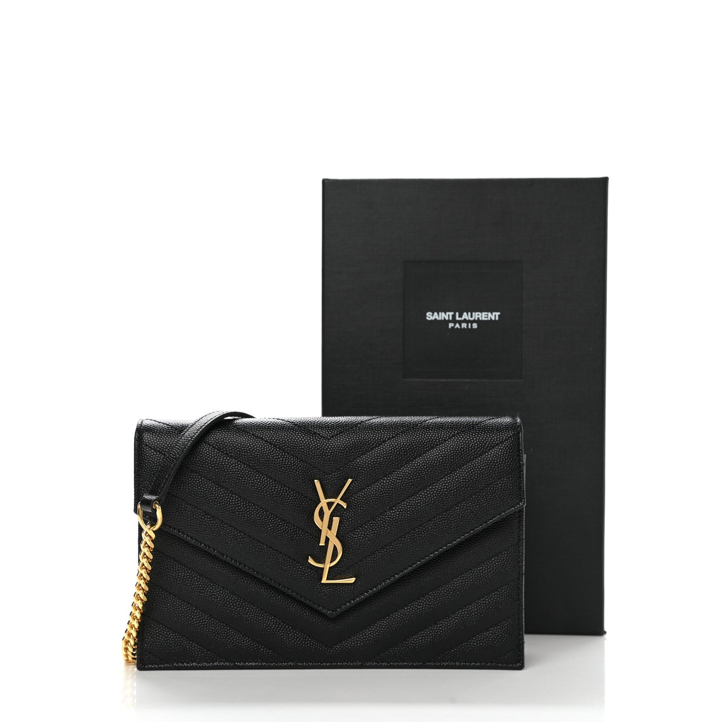 Grain De Poudre Matelasse Chevron Monogram Envelope Chain Wallet Black