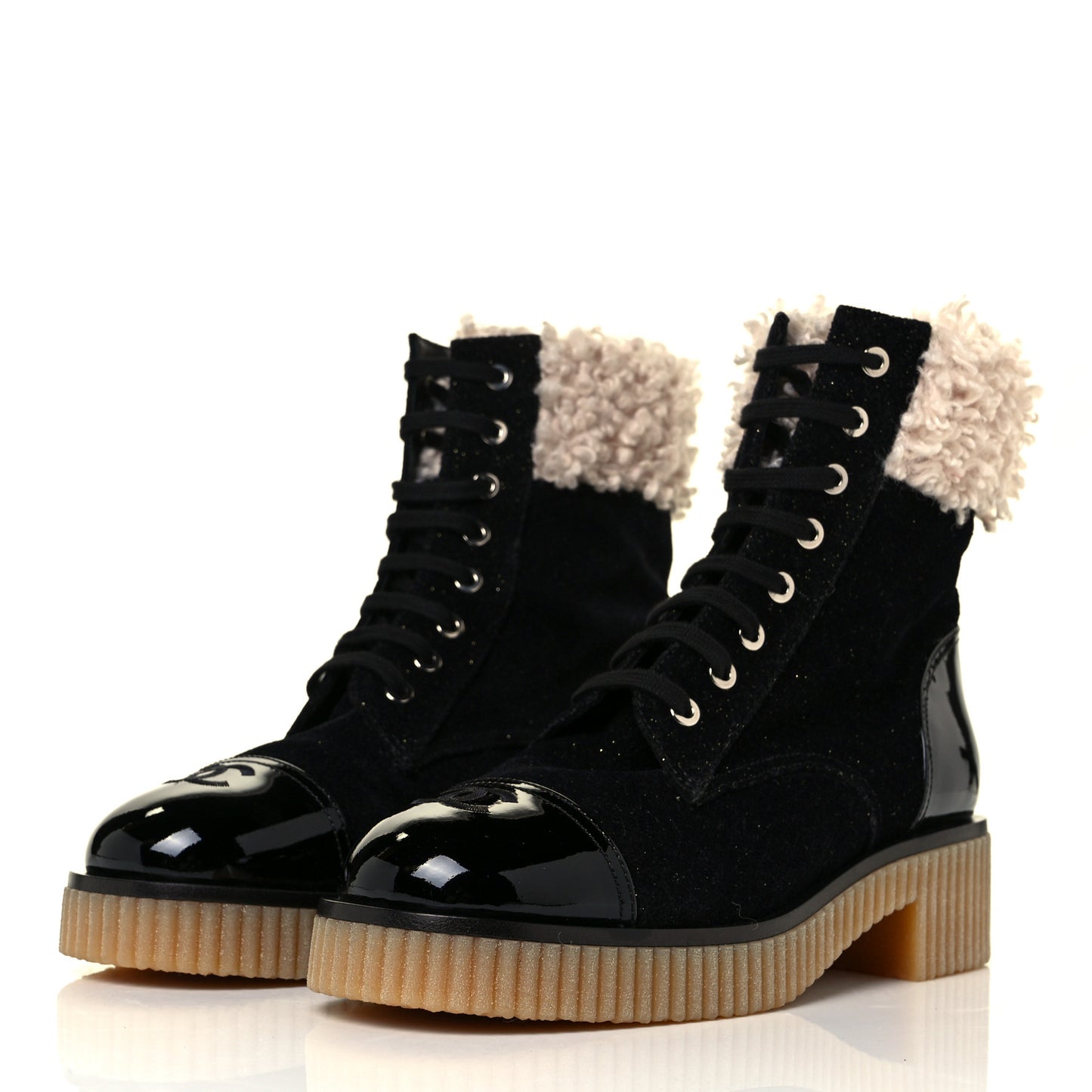 Calfskin Patent Fabric Lace Up Cap Toe CC Boots 39 Black Ivory