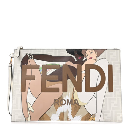 Fendi Glazed Fabric Vitello Liberty FF 1974 Logo Bikini Girls Inlay Large Flat Pouch Bianco Perla Multicolor 1 of 7