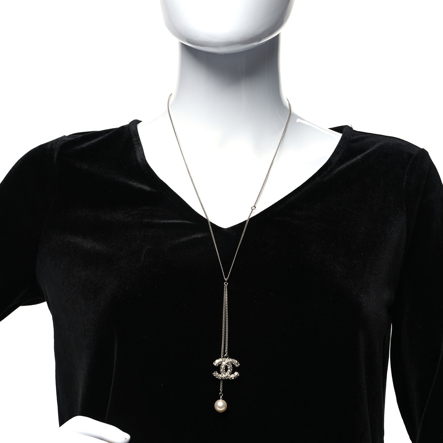 Baguette Crystal Pearl CC Lariat Necklace Silver