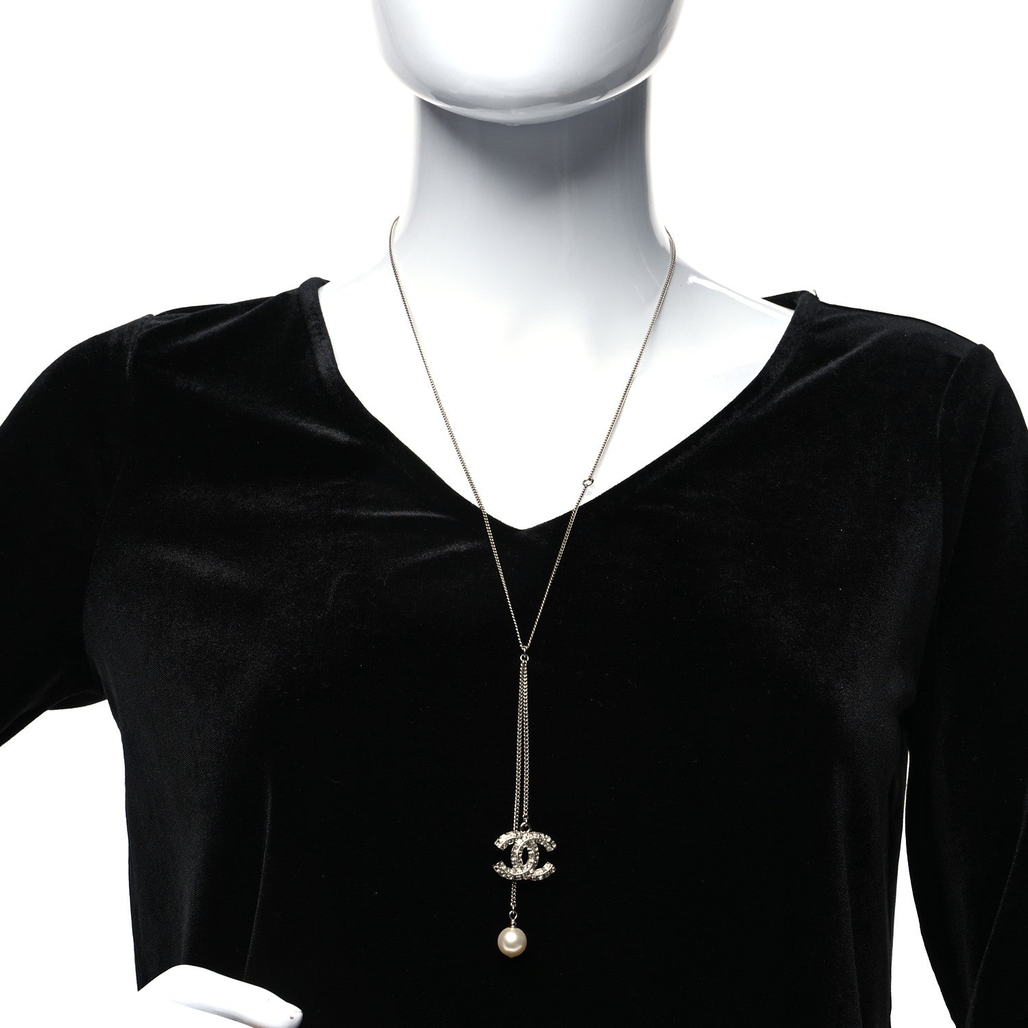 Chanel Baguette Crystal Pearl CC Lariat Necklace Silver 2 of 5