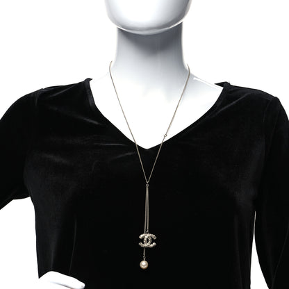Chanel Baguette Crystal Pearl CC Lariat Necklace Silver 2 of 5