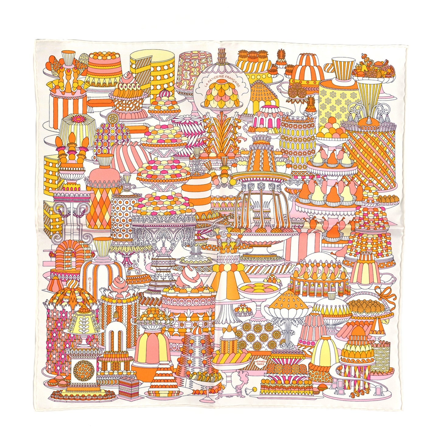Silk La Patisserie Francaise Scarf 45 White Orange Jaune