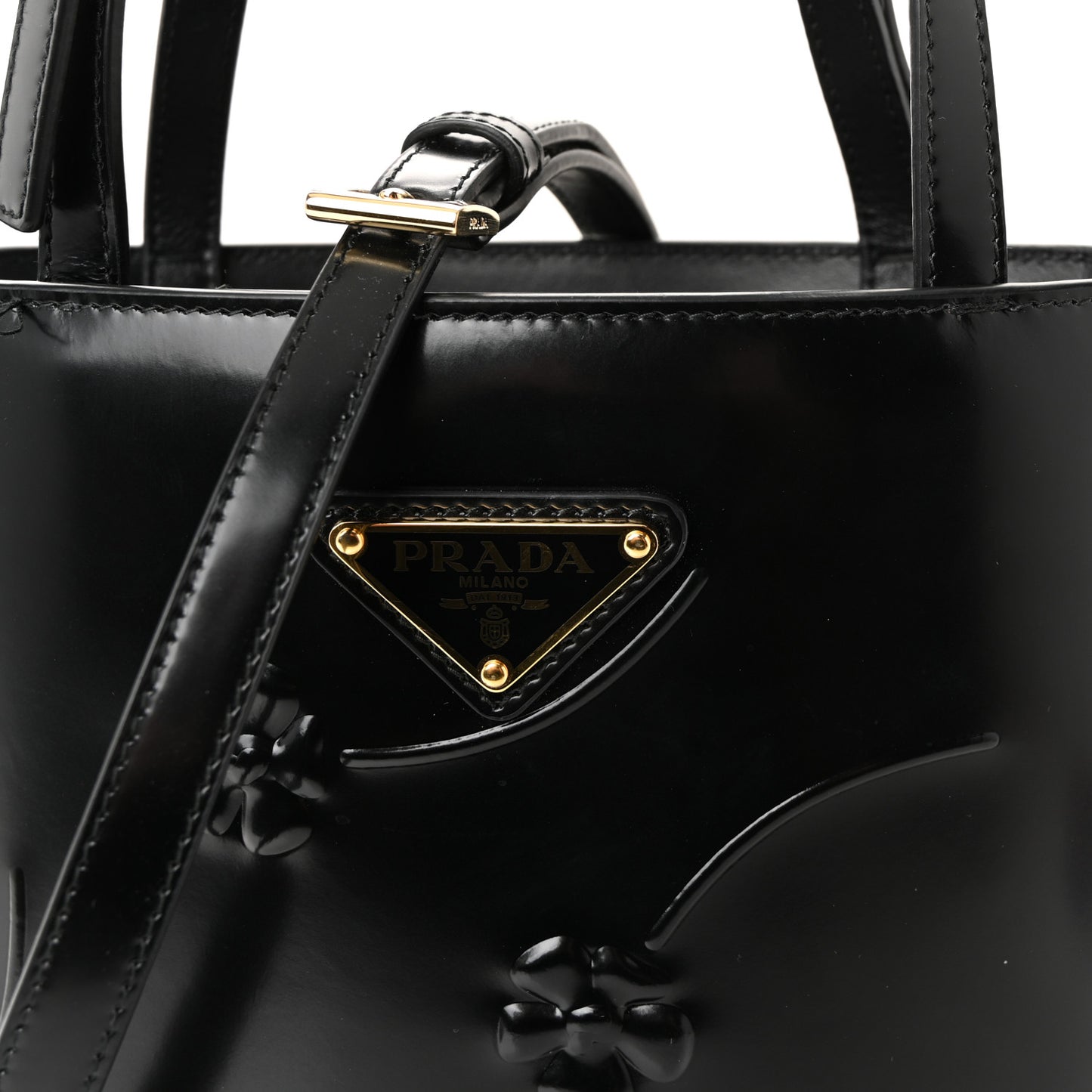 Spazzolato Floral Embossed Metal Triangle Logo Tote Black
