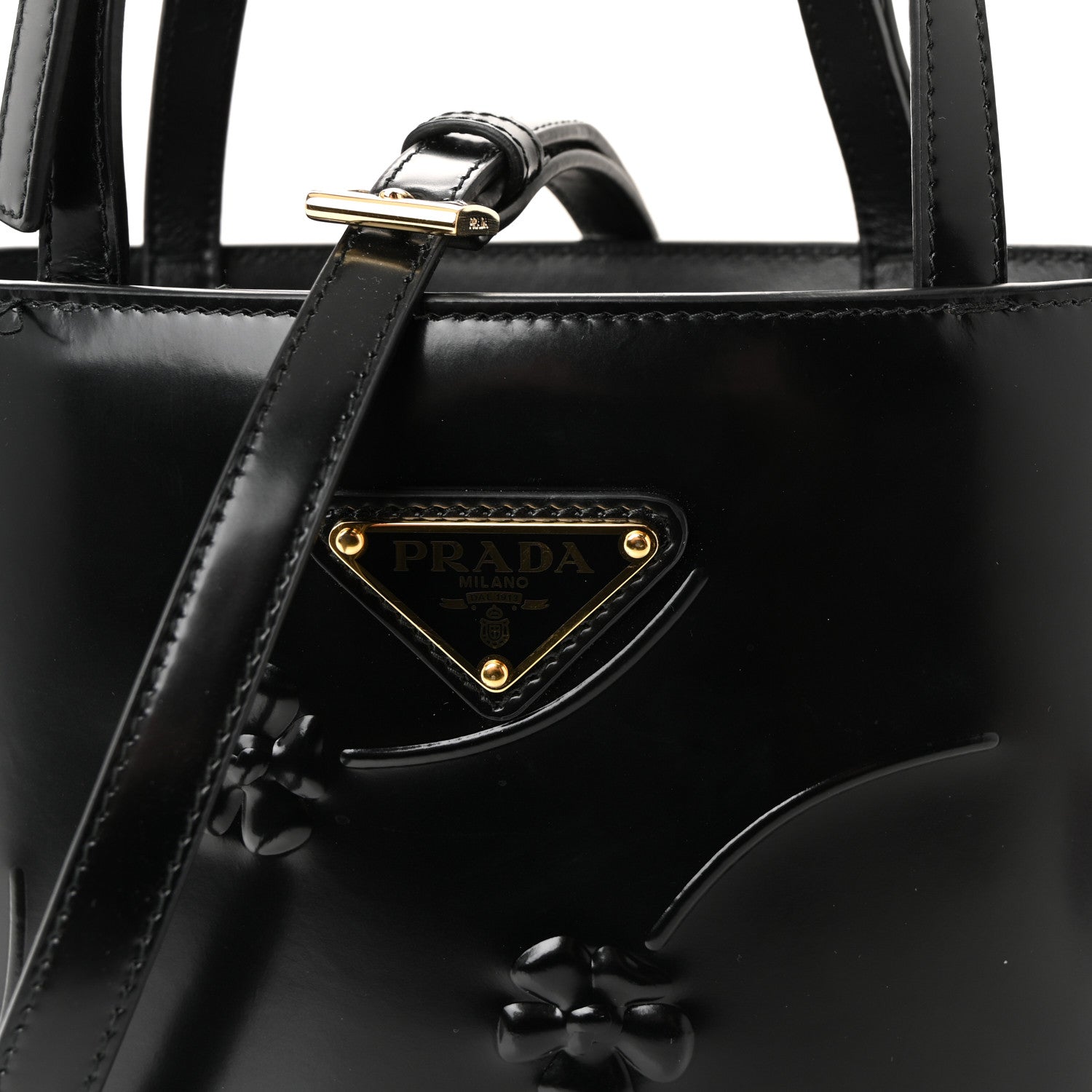 Prada Spazzolato Floral Embossed Metal Triangle Logo Tote Black 7 of 9