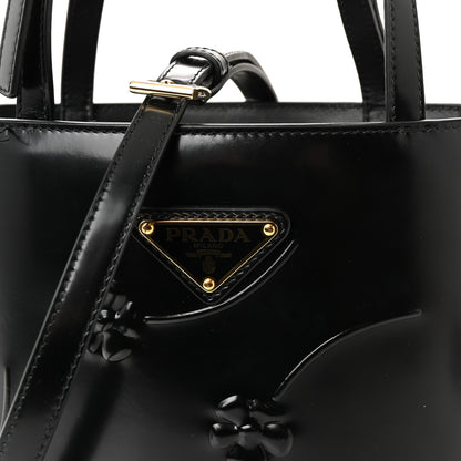 Prada Spazzolato Floral Embossed Metal Triangle Logo Tote Black 7 of 9