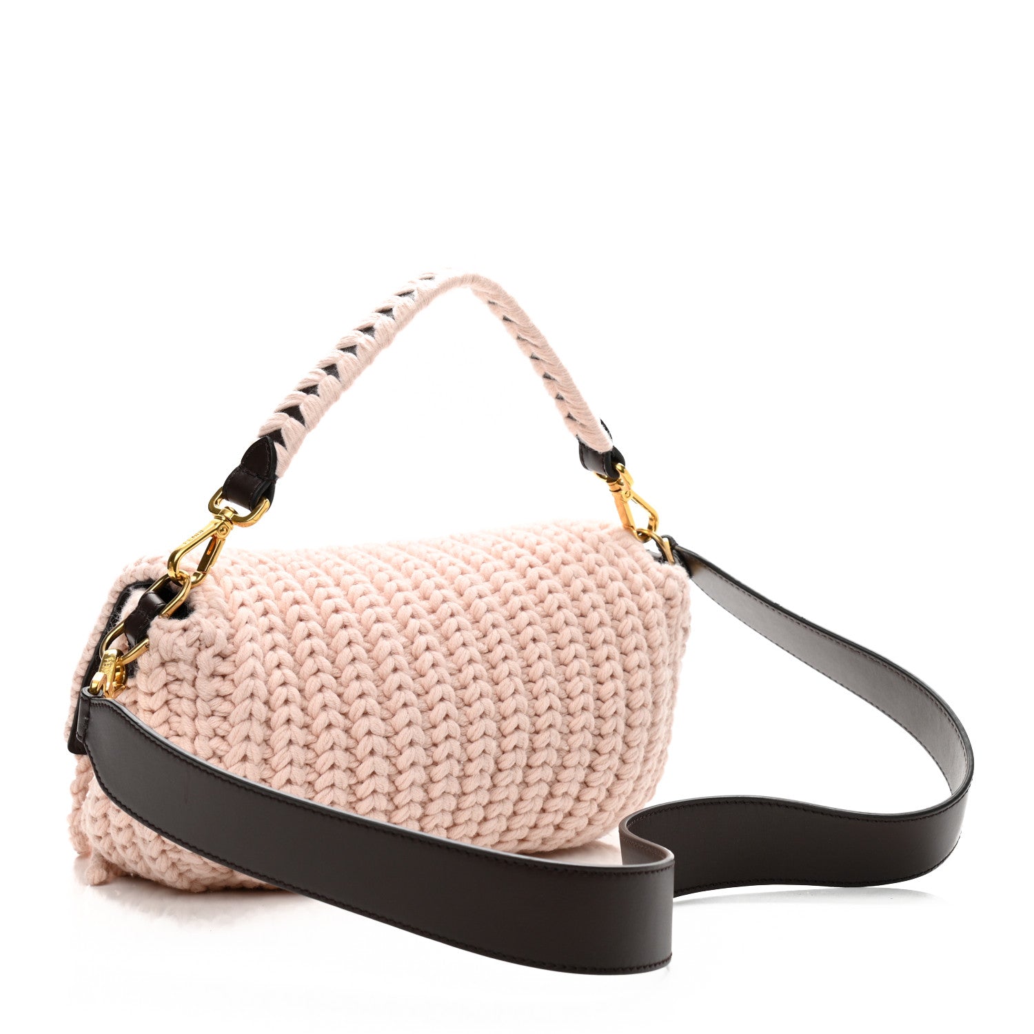 Fendi Wool Vitello Seta Woven Fringe Baguette Rosa Quarzo Ebano 2 of 9