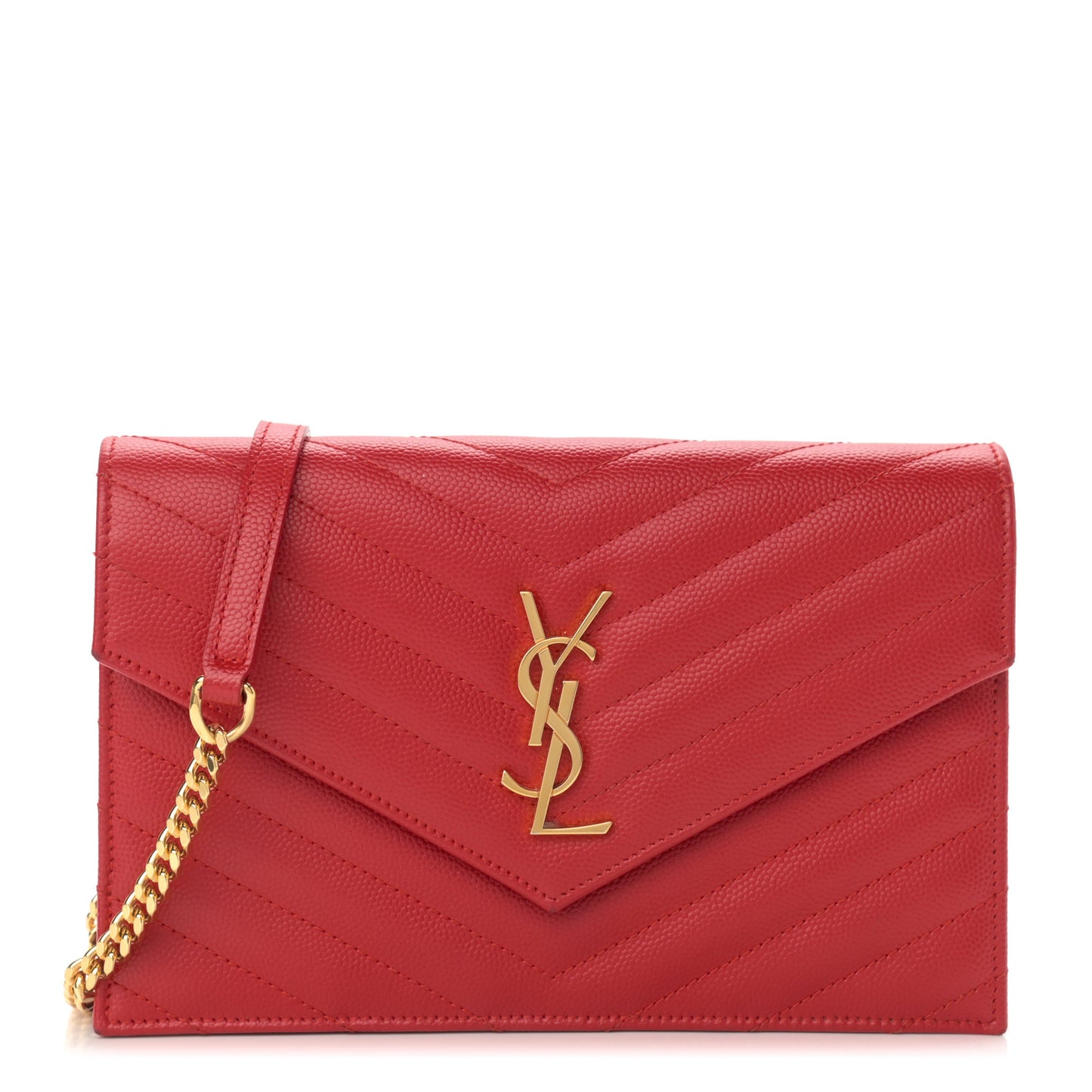 Grain De Poudre Matelasse Chevron Monogram Envelope Chain Wallet New Red