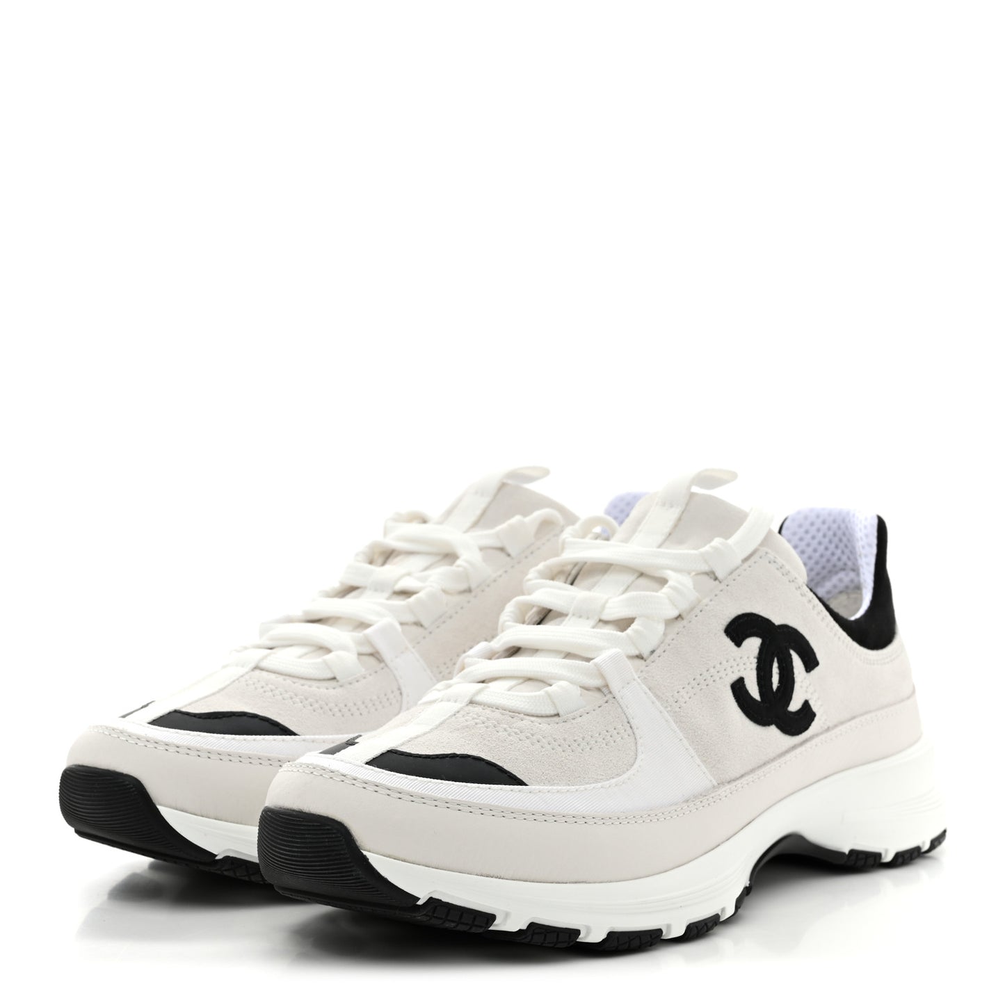 Suede Calfskin Grosgrain Womens CC Sneakers 39.5 White Black