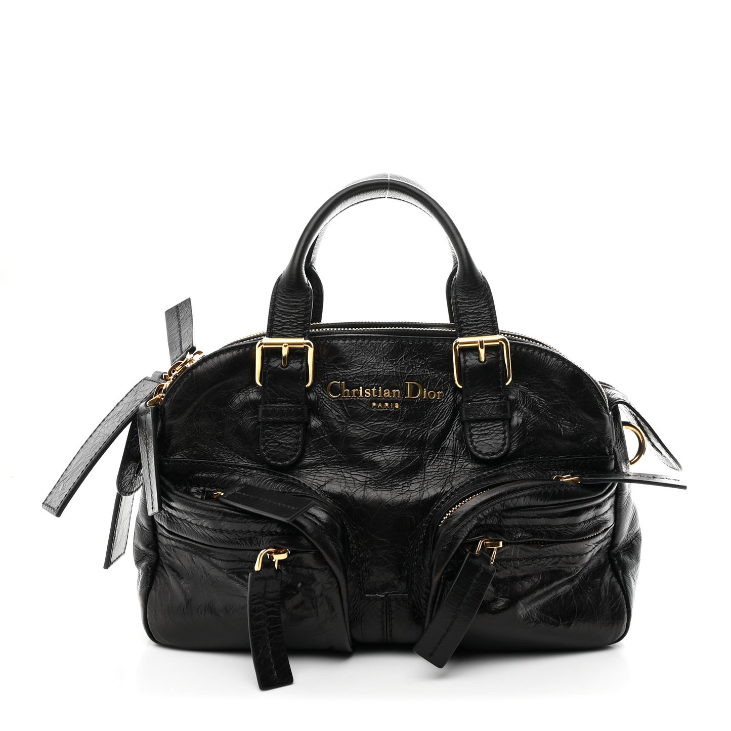 Crinkled Calfskin Small Grand Tour Bowling Bag Black