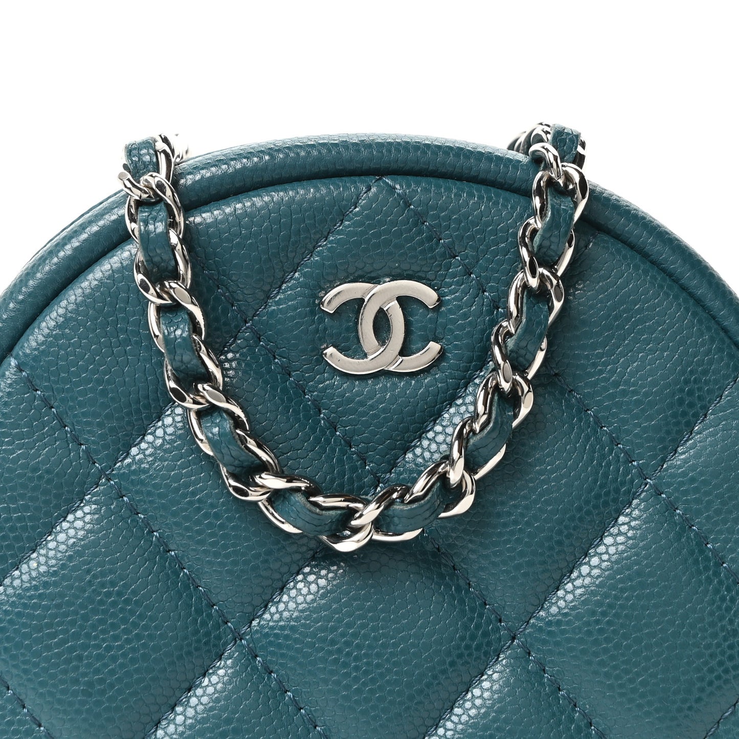 Caviar Quilted Round Clutch With Chain Green