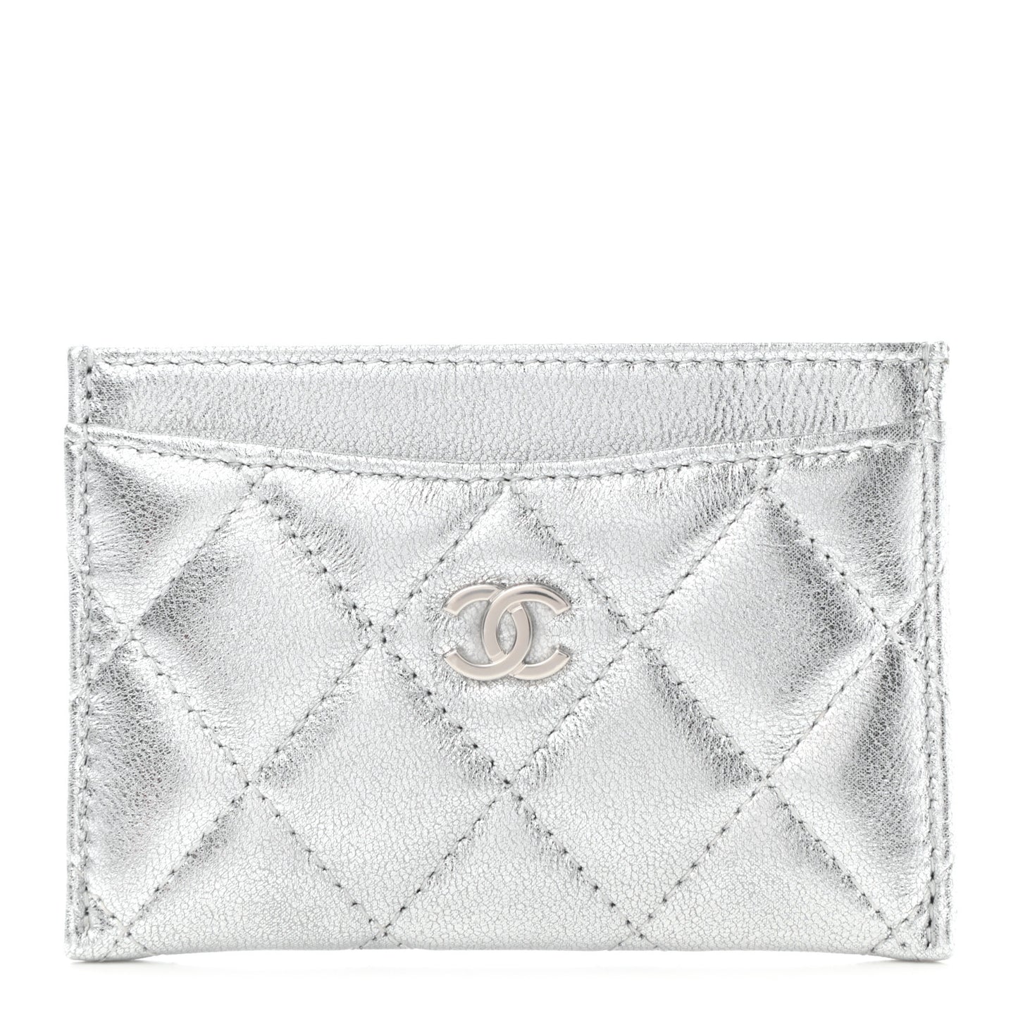 Metallic Lambskin Quilted Card Holder Silver