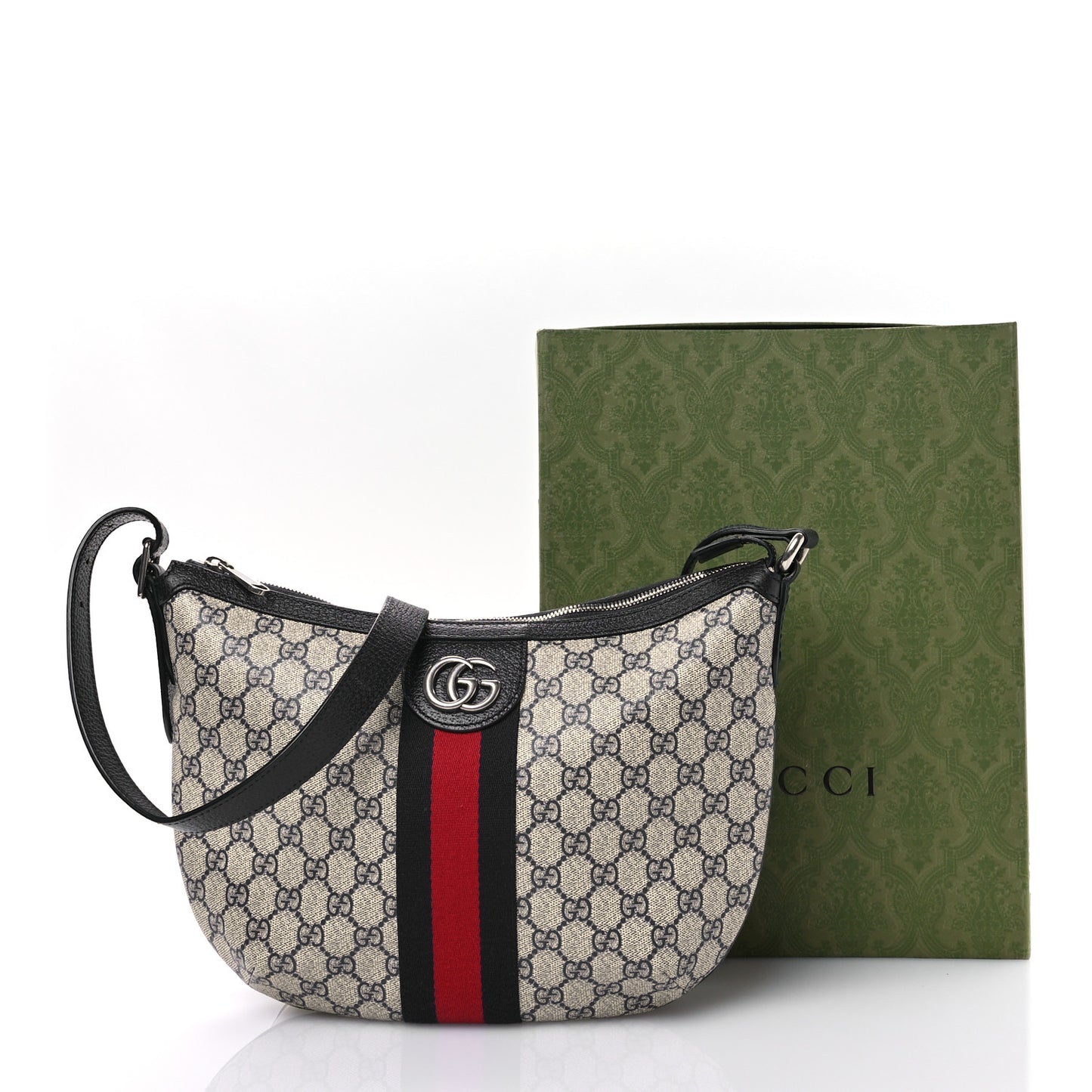 GG Supreme Monogram Textured Dollar Calfskin Web Small Ophidia Half Moon Hobo Beige Blue