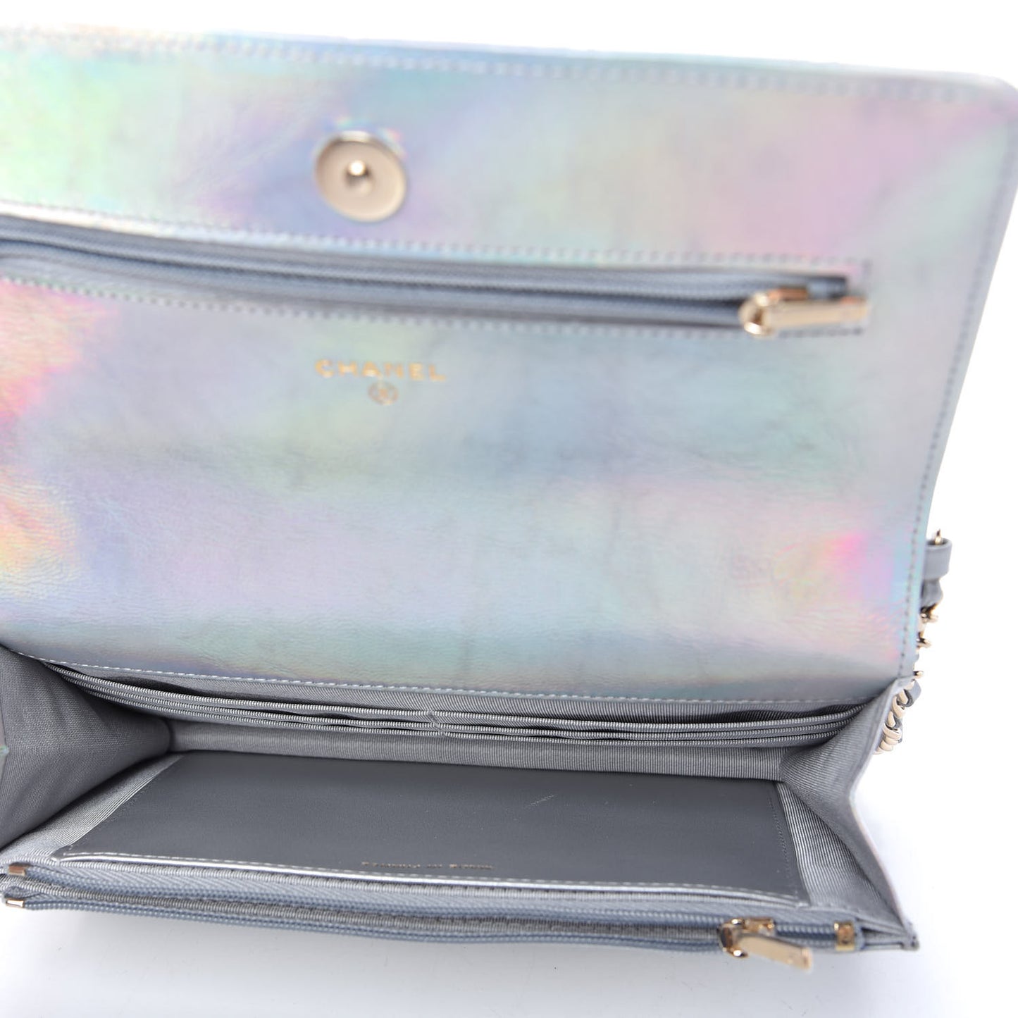 Iridescent Goatskin Quilted Wallet On Chain WOC Silver