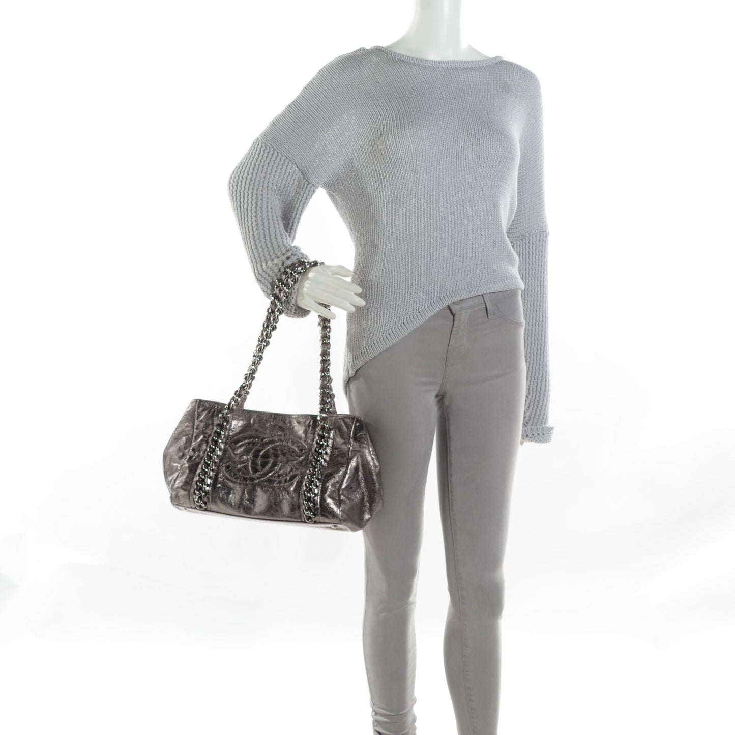 Metallic Crackled Calfskin Small Modern Chain Tote Dark Grey