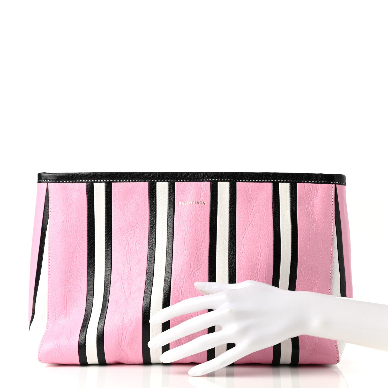Balenciaga Agneau Arena Striped Large Barbes Z Pouch with Handle Candy Pink Black 2 of 8