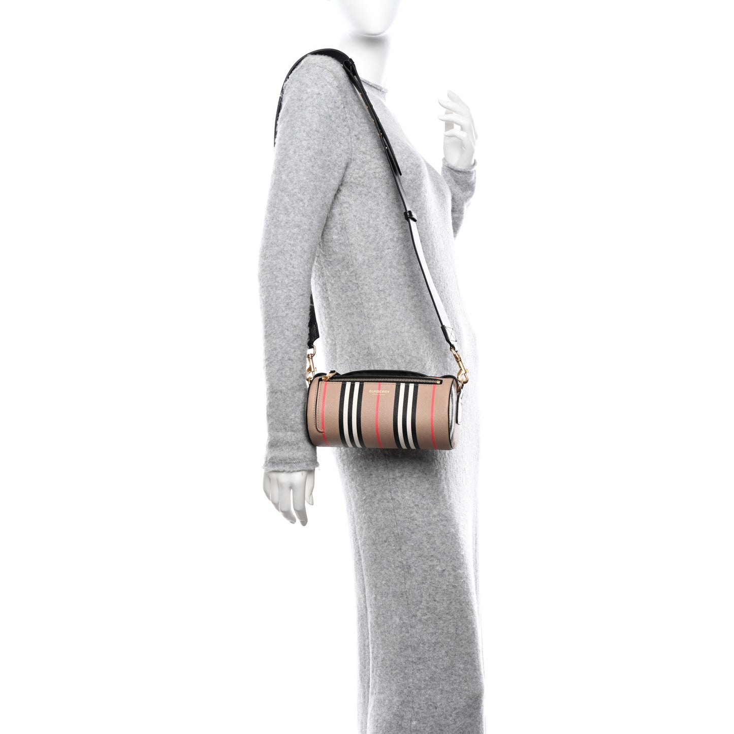 E-Canvas Calfskin Stripe Icon Barrel Bag Archive Beige