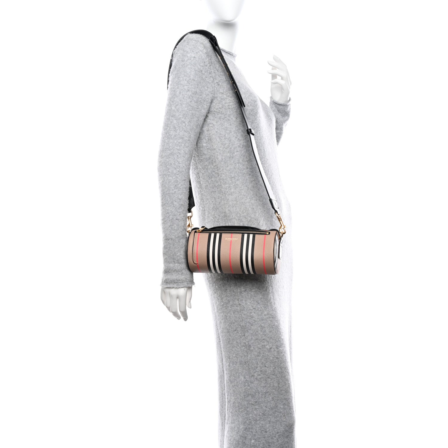 Burberry E-Canvas Calfskin Stripe Icon Barrel Bag Archive Beige 2 of 10