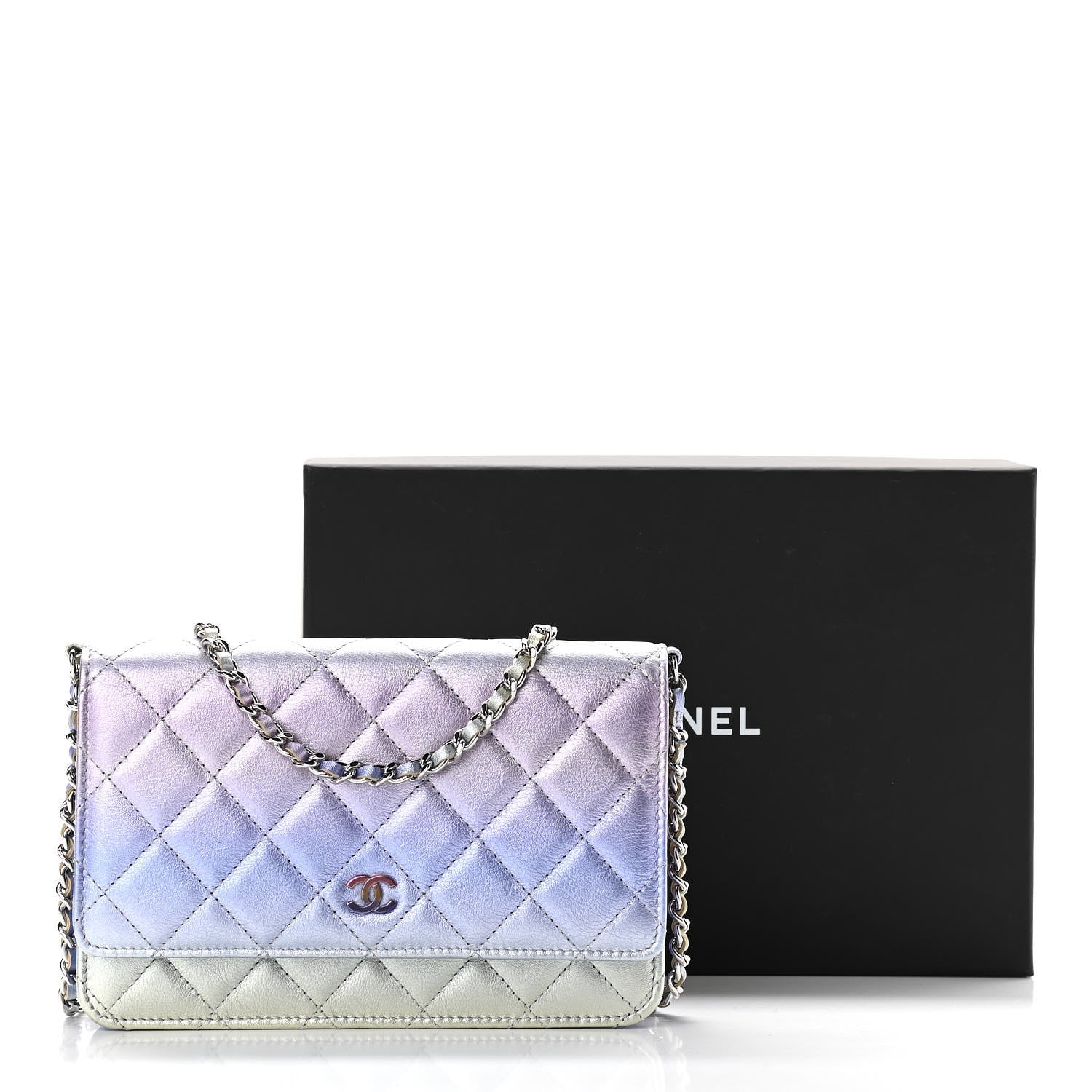 Chanel Gradient Metallic Calfskin Quilted Wallet On Chain WOC Silver Blue Yellow Purple 12 of 12