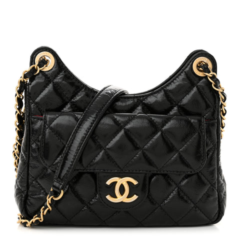 Shiny Crumpled Calfskin Quilted Small Wavy CC Hobo Black