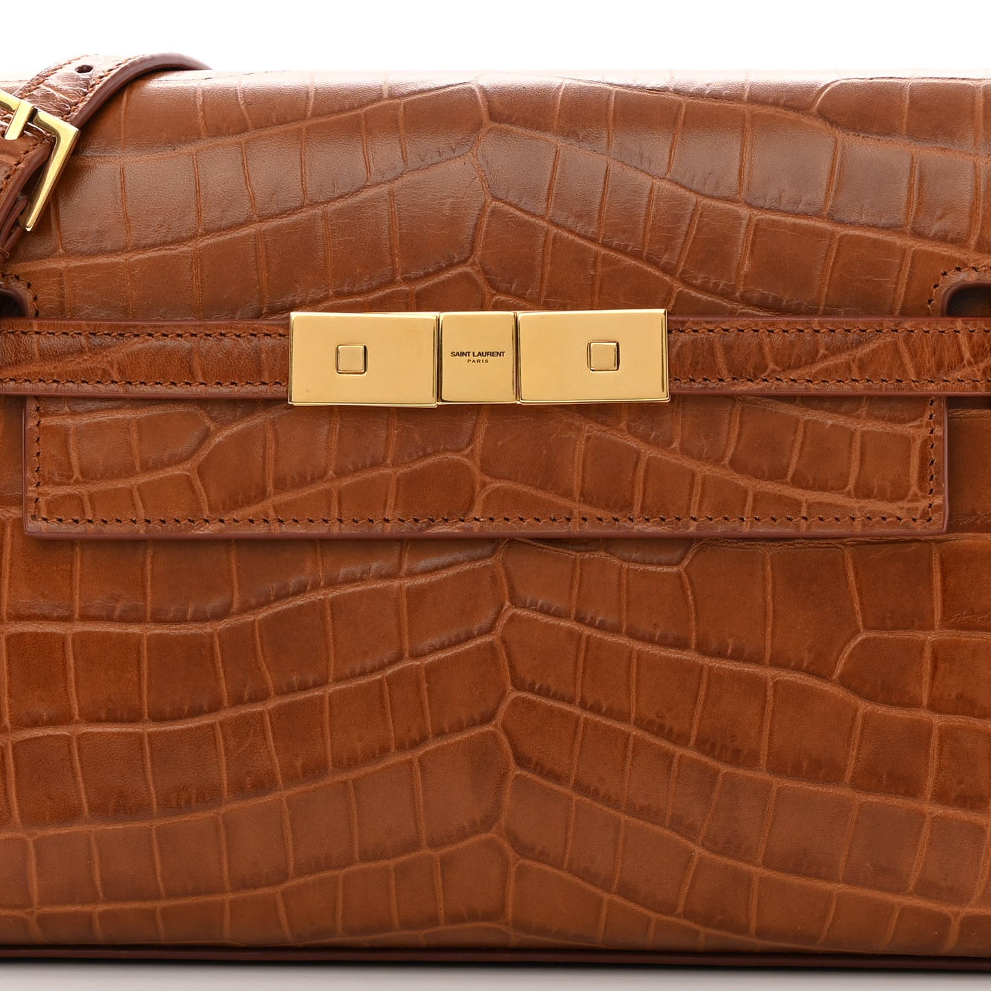 Shiny Calfskin Crocodile Embossed Small Manhattan Baguette Dark Caramel