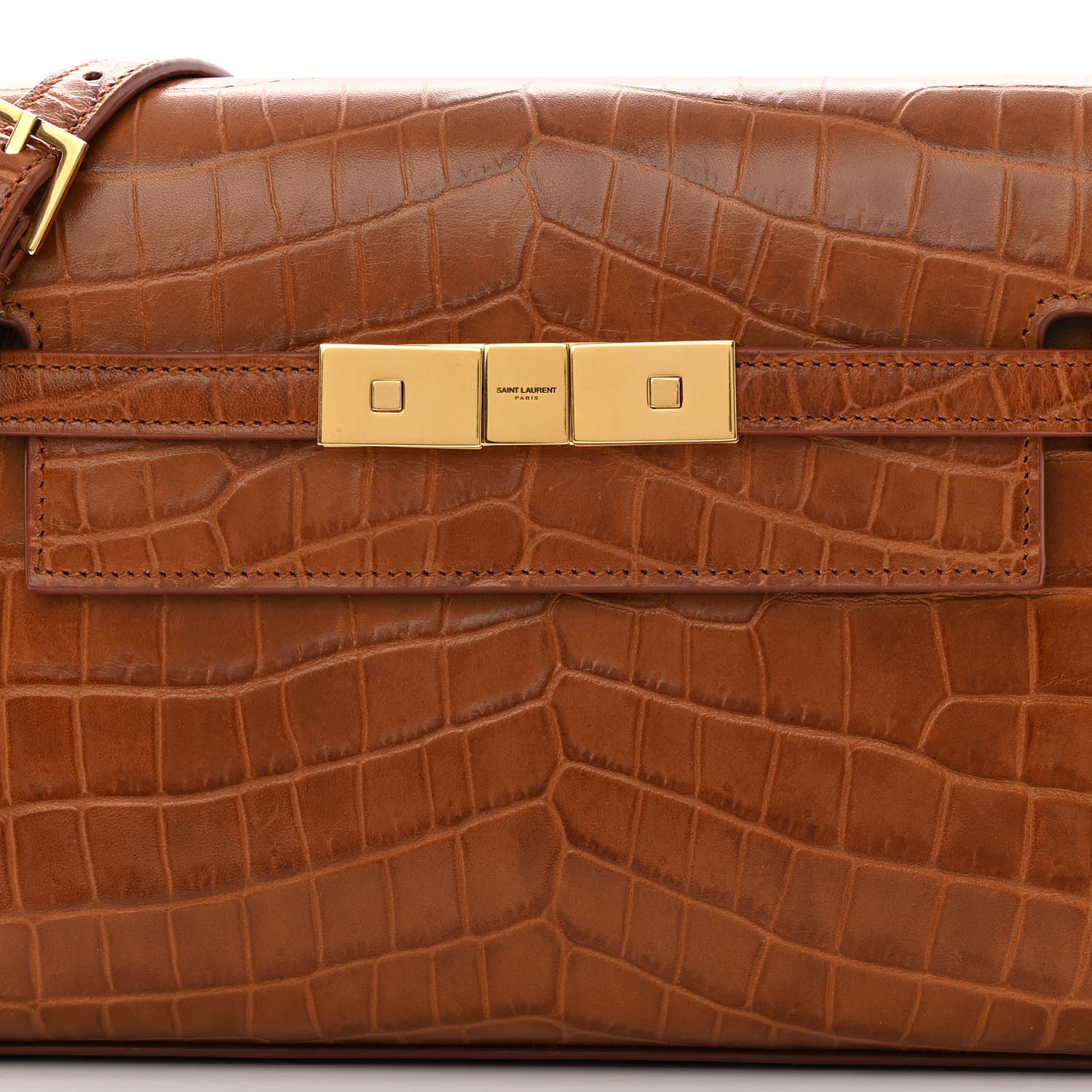 Saint Laurent Shiny Calfskin Crocodile Embossed Small Manhattan Baguette Dark Caramel 8 of 13