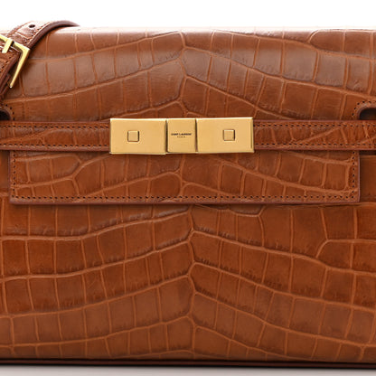 Saint Laurent Shiny Calfskin Crocodile Embossed Small Manhattan Baguette Dark Caramel 8 of 13