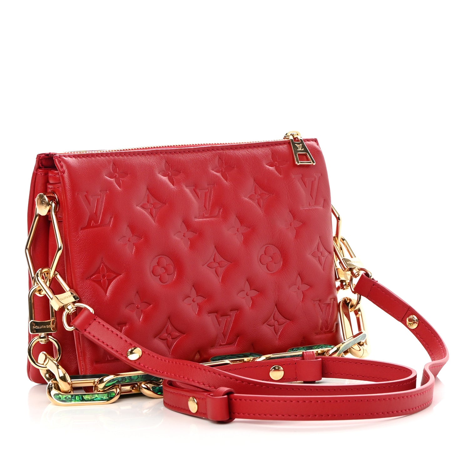 Mother of Pearl Lambskin Embossed Monogram Coussin BB Red Green